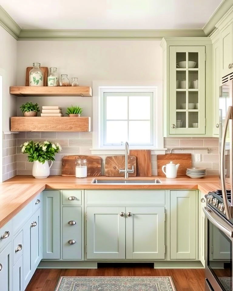 distressed wood accents for sage cabinets - 20 Rustic Sage Green Kitchen Cabinets