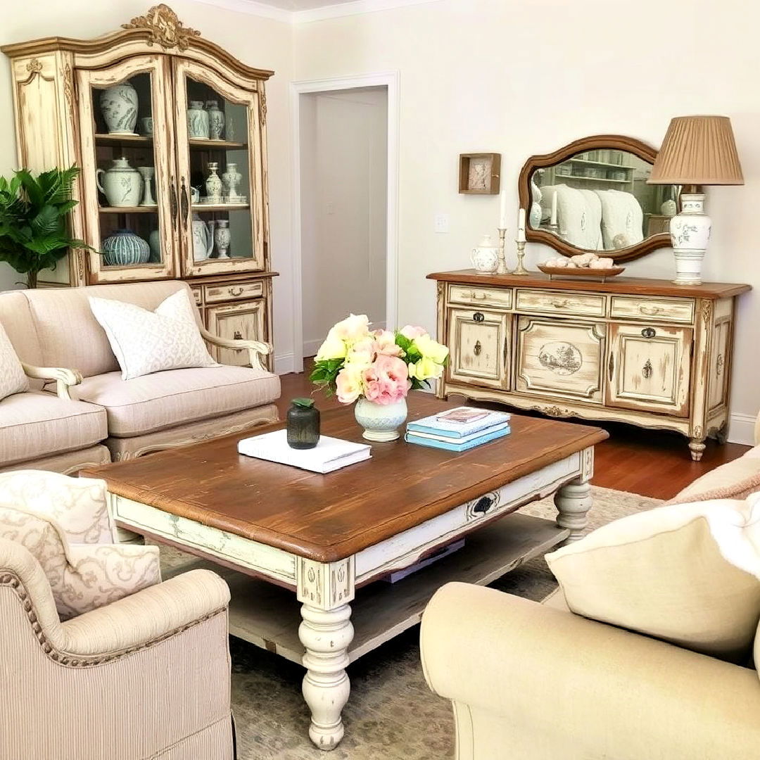 distressed wood furniture to add authentic charm - 40 French Country Living Room Ideas