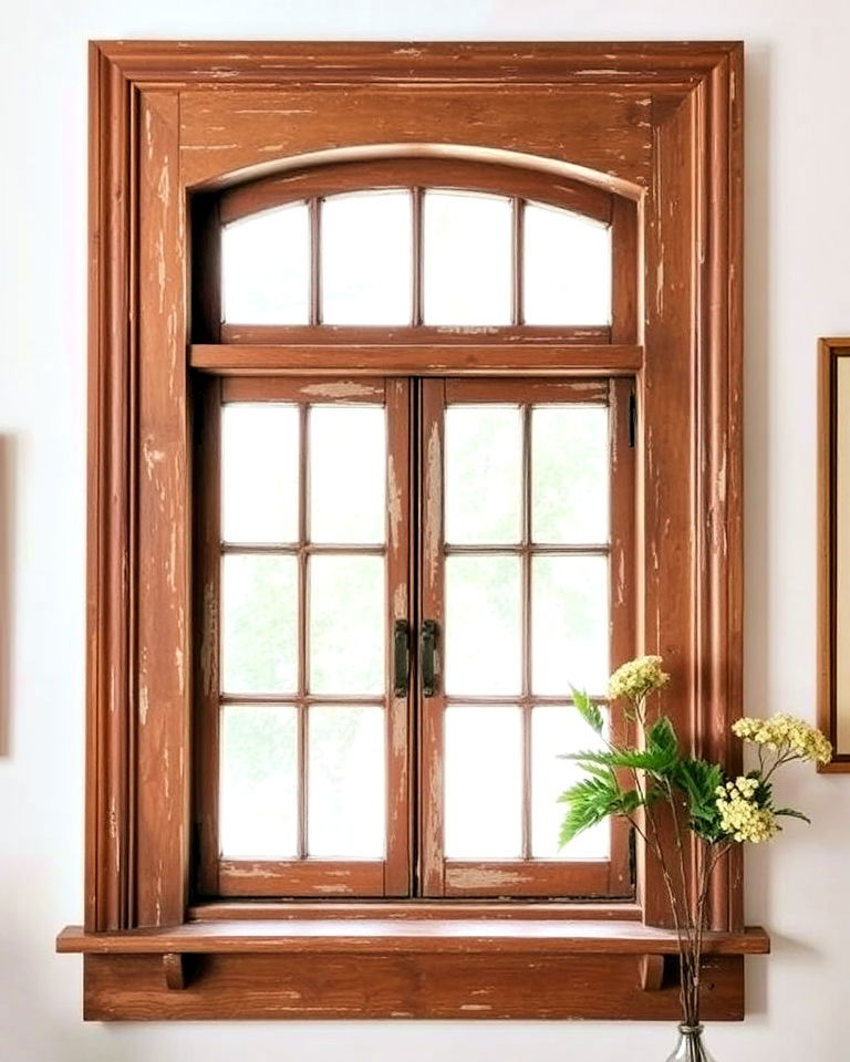 distressed wood window frame - 40 Farmhouse Window Treatment Ideas