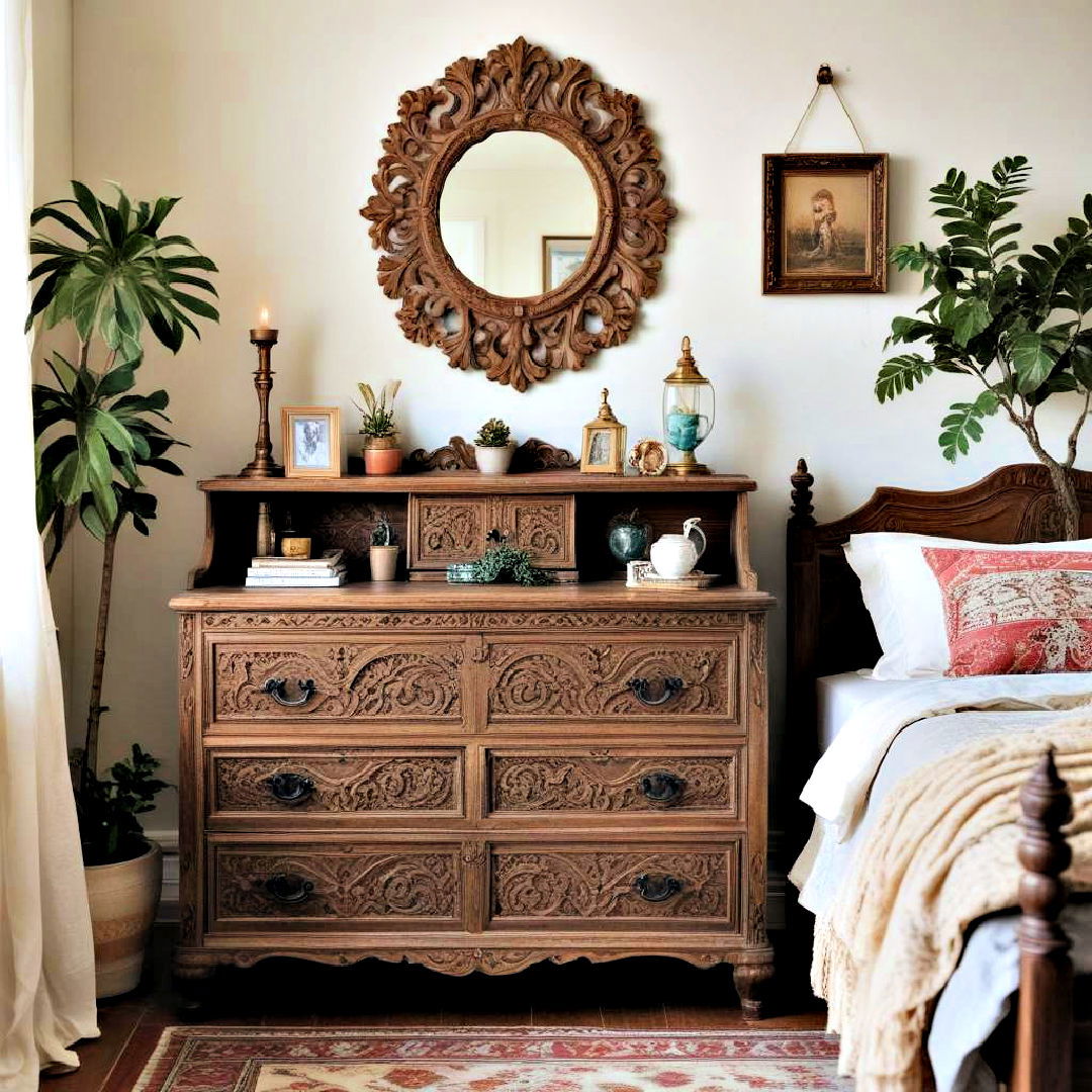 distressed wooden dresser - 40 Boho Bedroom Ideas