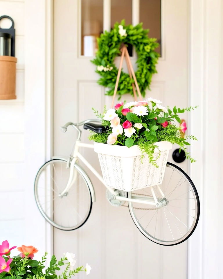 door with vintage bicycle basket display - 20 Summer Door Decoration Ideas