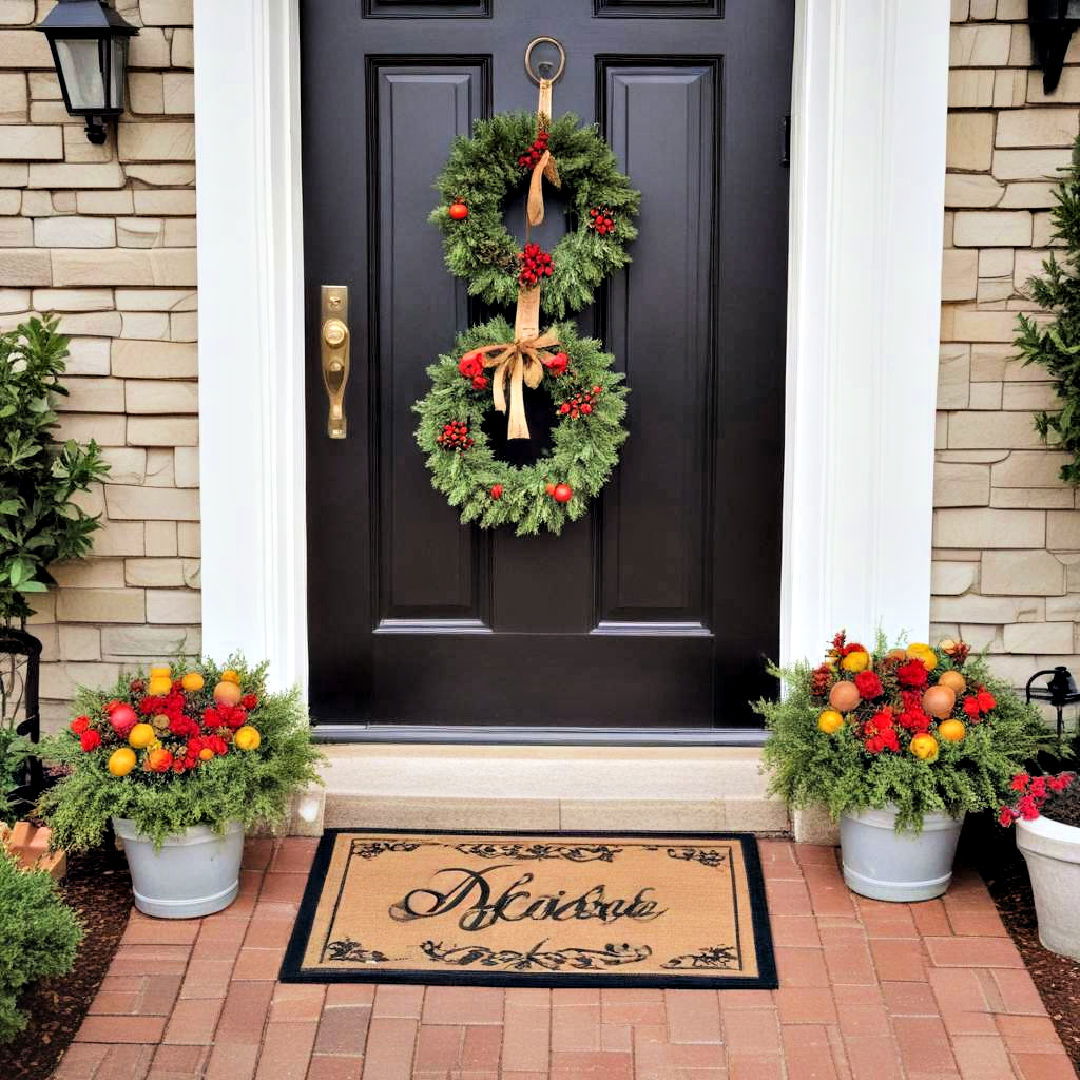 doormat and wreath add festivity to your entrance - 40 Front Yard Landscaping Ideas