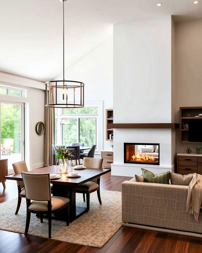 double sided fireplace for open concept dining - 30 Dining Rooms With Fireplaces