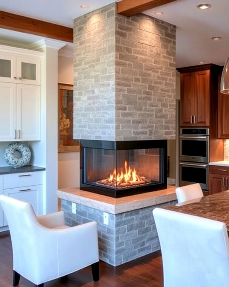 double sided fireplace with kitchen - 25 Kitchens With Fireplaces