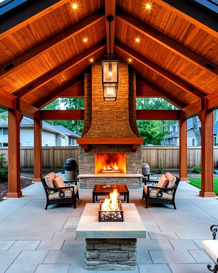 double sided fireplace with open air pavilion - 15 Backyard Pavilions With Fireplaces