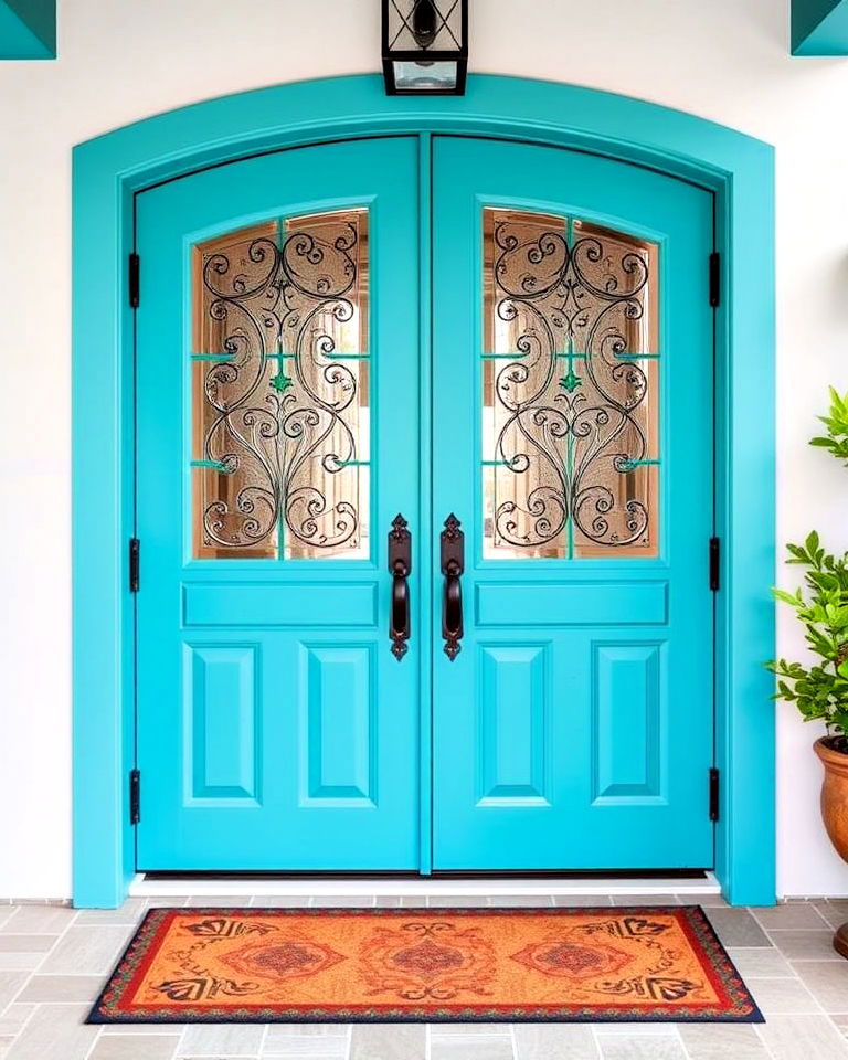 double turquoise doors for bold statement - 20 Turquoise Front Door Ideas