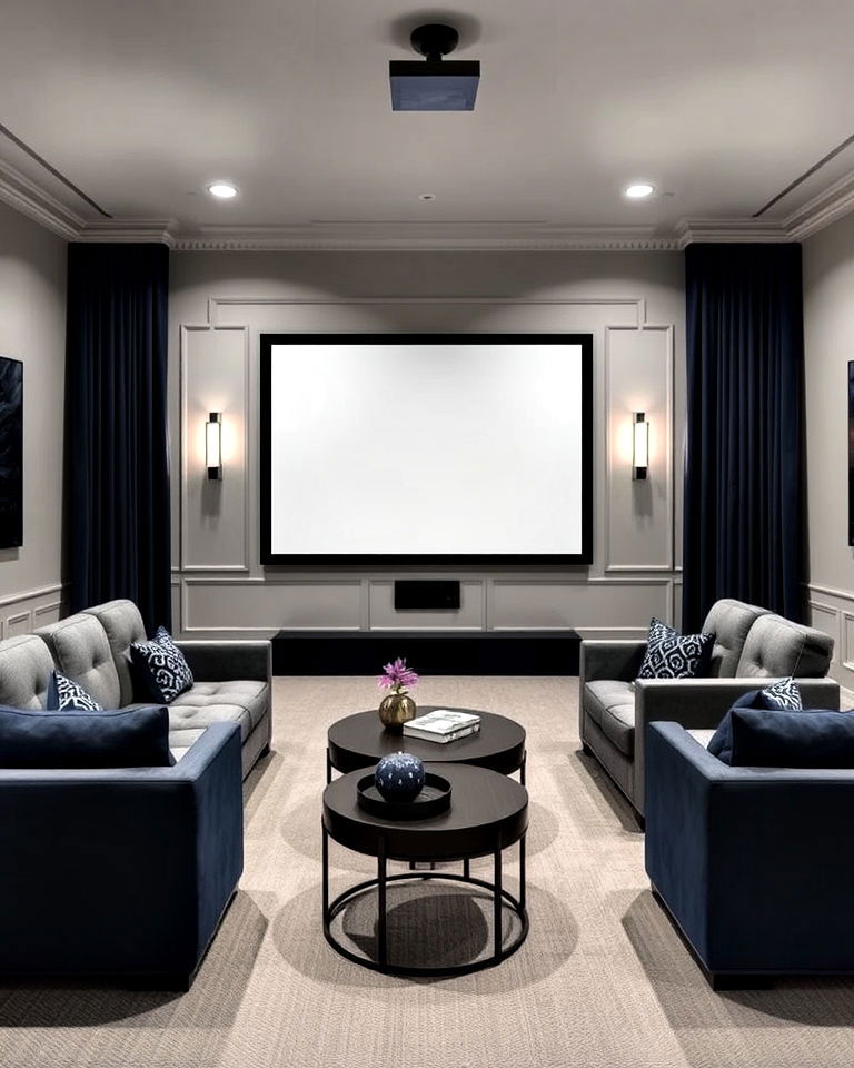 dove gray and navy blue paint color - 20 Gray Home Theater Paint Color Schemes