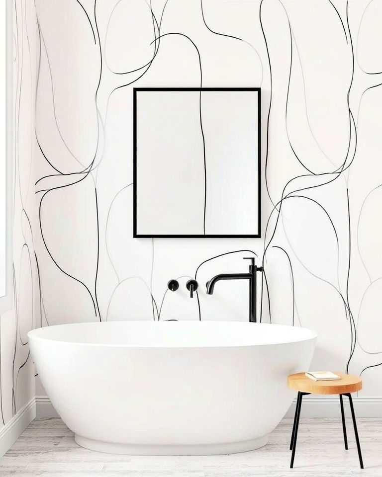 dramatic abstract line patterned wallpaper - 30 Bathroom Wallpaper Ideas