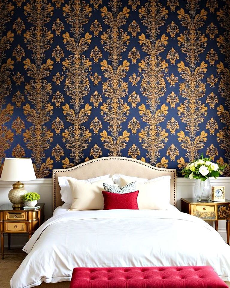 dramatic accent walls with rich wallpaper - 20 Royal Bedroom Ideas