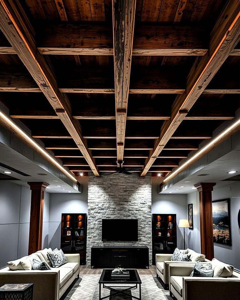 dramatic aesthetic exposed joists with accent lighting - 25 Exposed Basement Ceiling Ideas