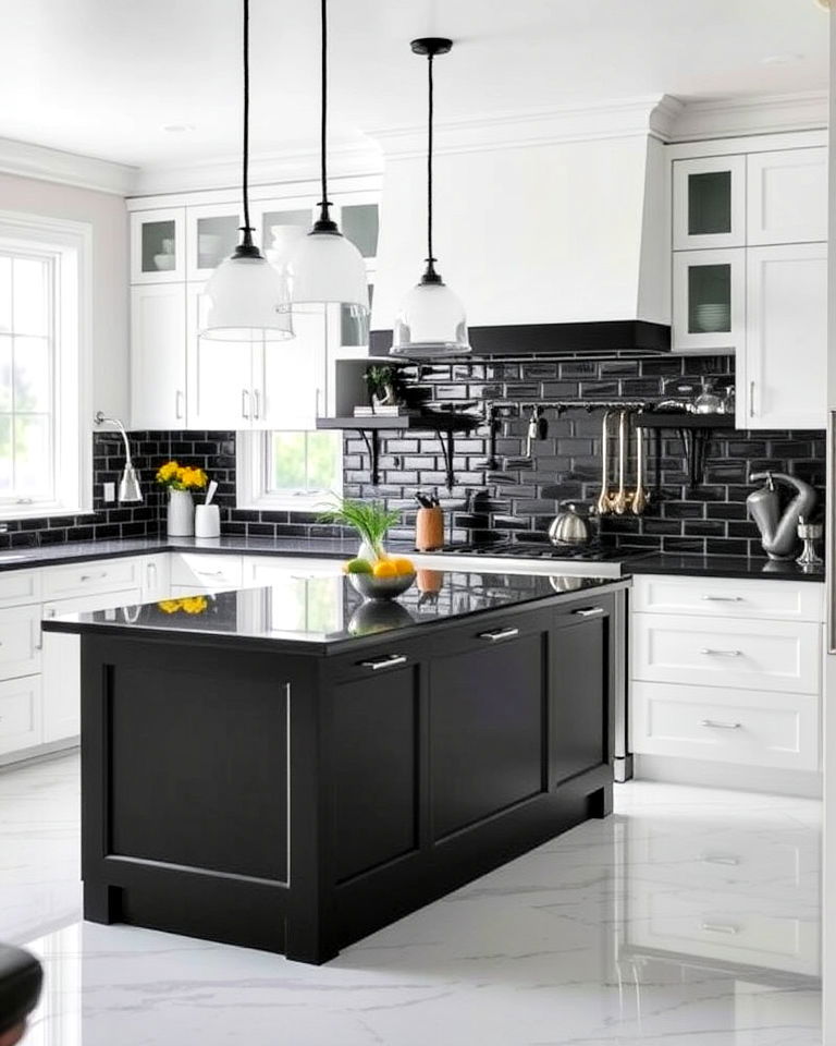 dramatic backsplash with black island and white kitchen - 20 White Kitchen Ideas With Black Island