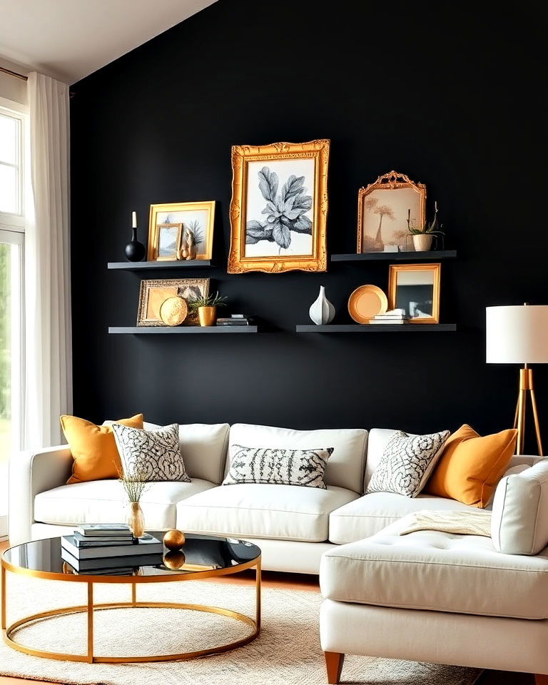dramatic black accent wall with gold decor - 40 Black and Gold Living Room Ideas