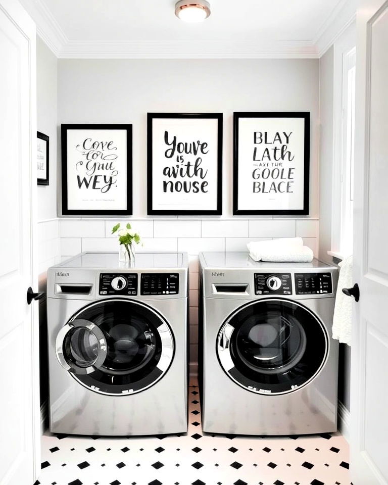 dramatic black and white artwork - 15 Black and White Laundry Room Ideas
