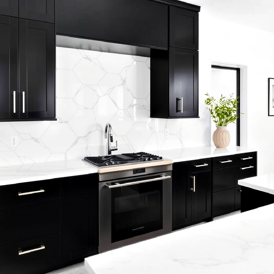 dramatic black cabinets with waterfall white countertops - 15 Black Kitchen Cabinets With White Countertops