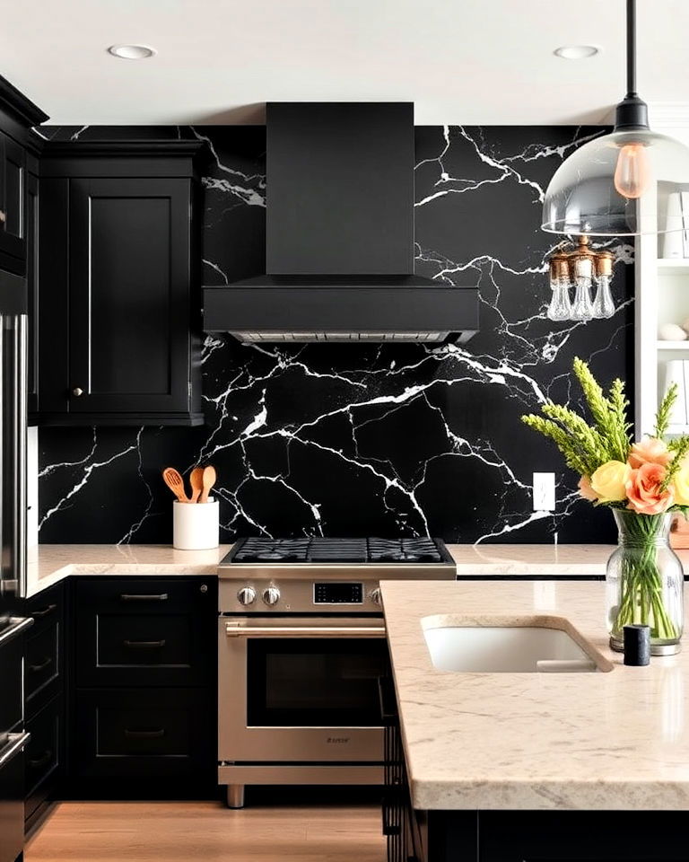 dramatic black marble backsplash - 30 Kitchen With Black Backsplash