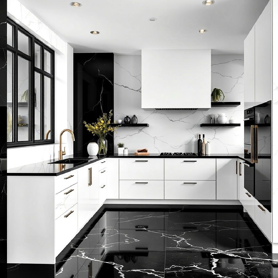 dramatic black marble flooring - 20 Marble Kitchen Floor Ideas