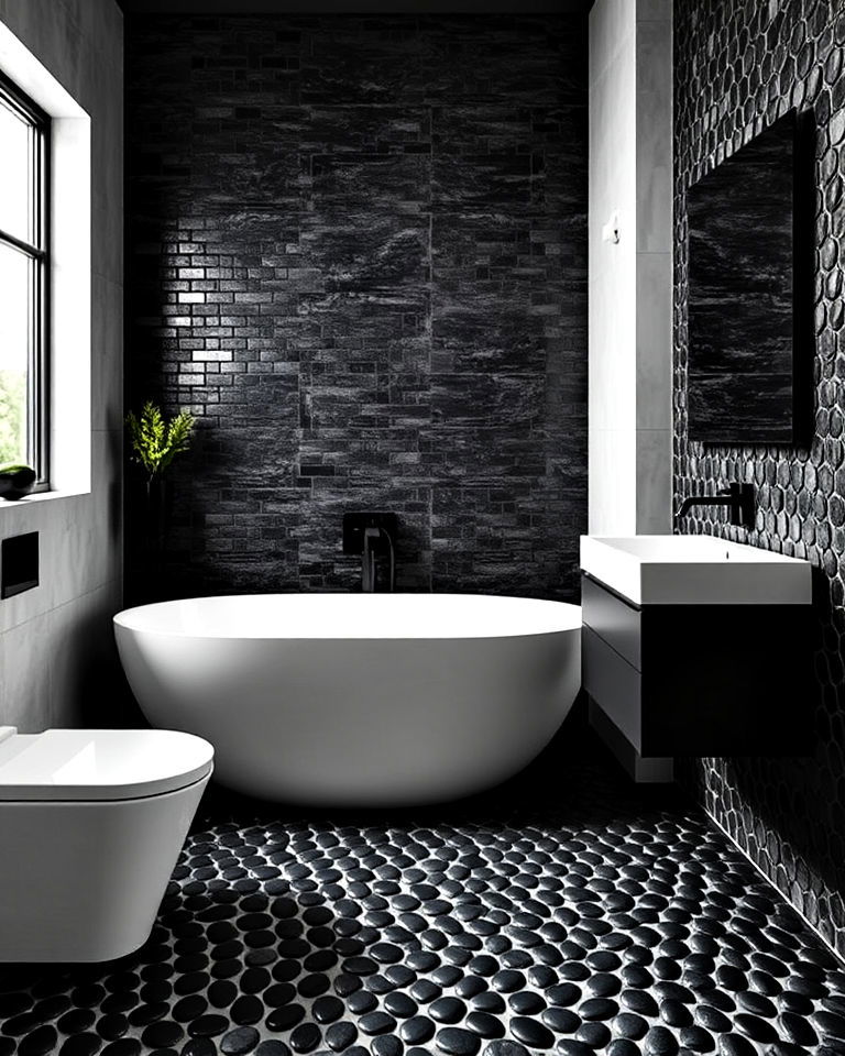 dramatic black pebble tile for bathroom - 20 Pebble Tile Bathroom Ideas