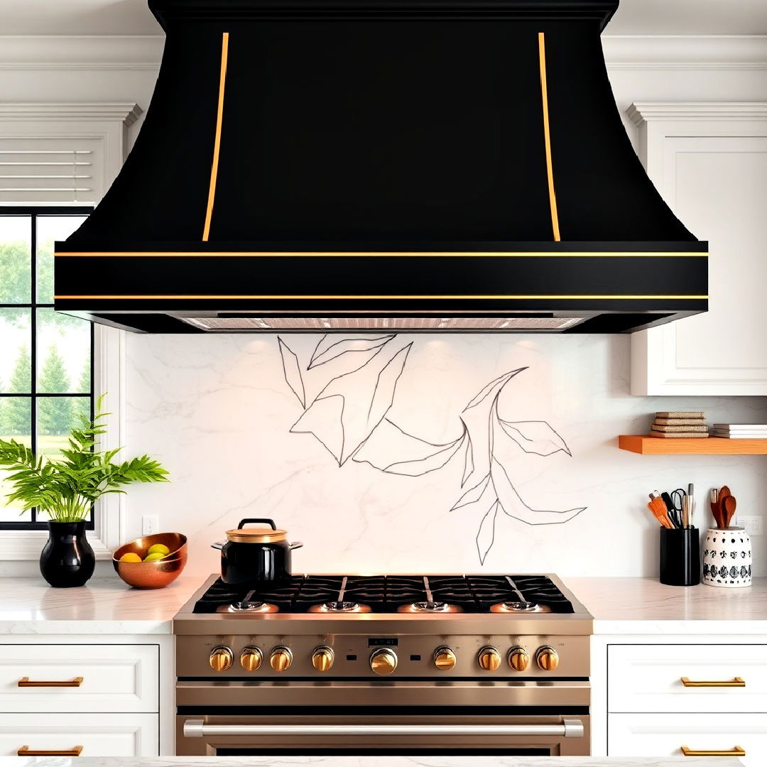 dramatic black range hood with gold trim - 25 Black White and Gold Kitchen Ideas