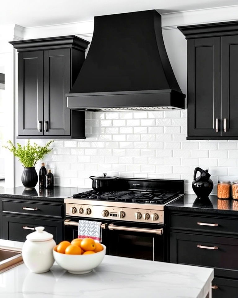dramatic black range hood - 25 Dark Kitchen Ideas