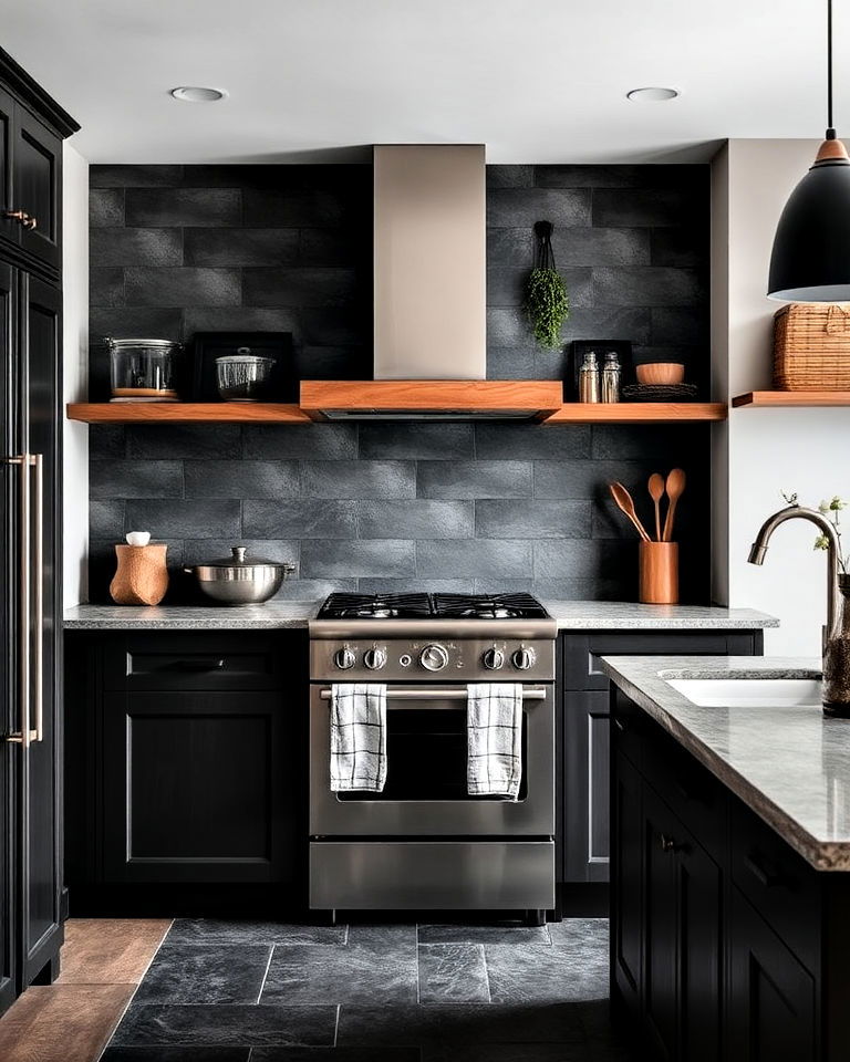 dramatic black slate tiles backsplash - 30 Kitchen With Black Backsplash