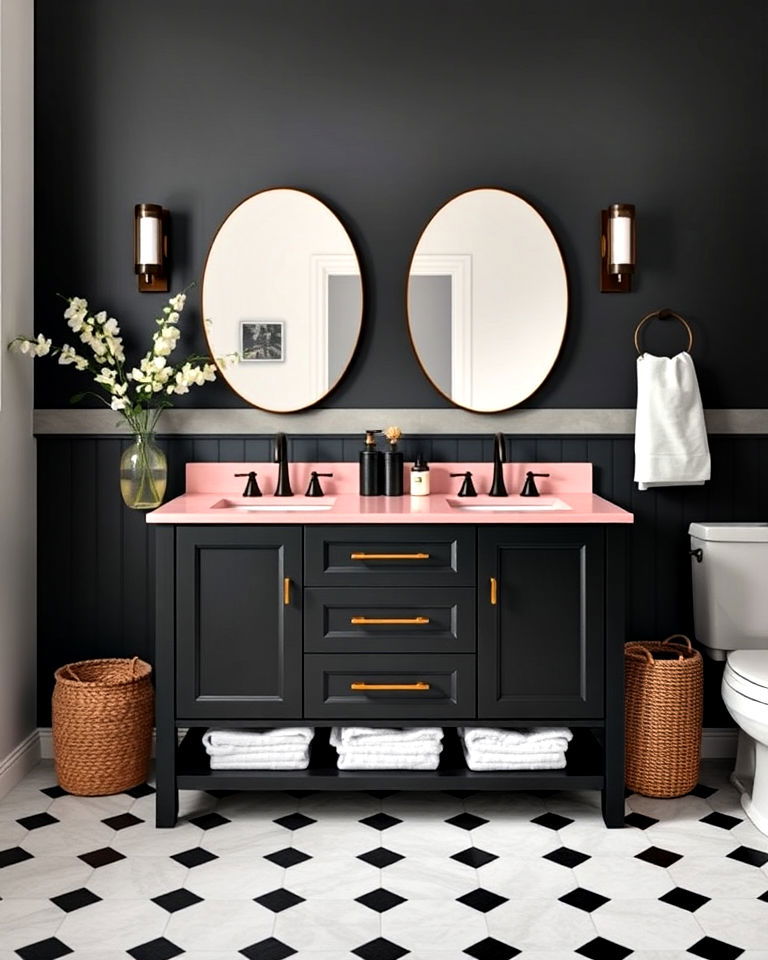 dramatic black vanity with pink countertop - 25 Pink and Black Bathroom Ideas