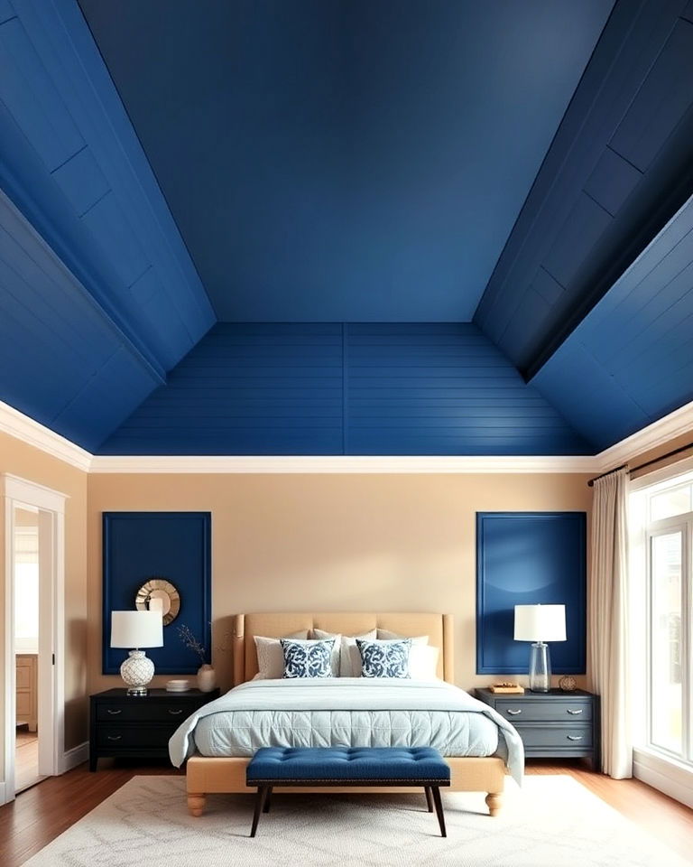 dramatic blue bedroom ceiling with beige walls - 15 Blue and Beige Bedroom Ideas