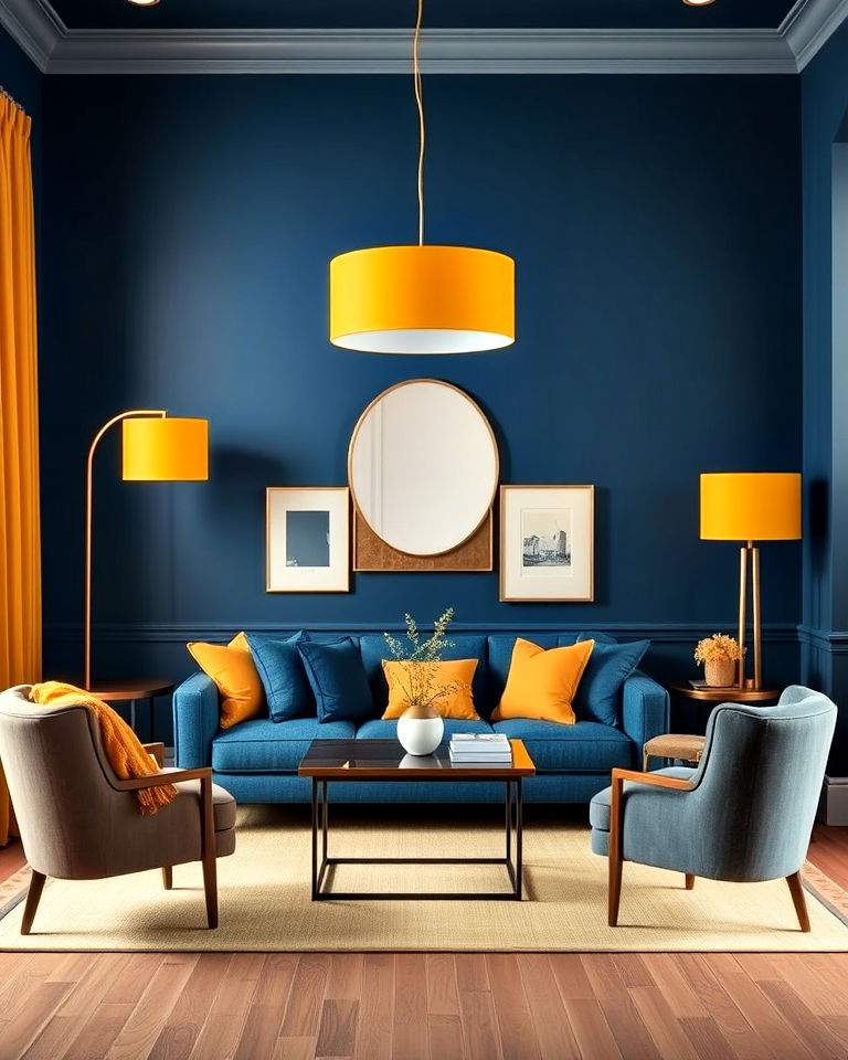 dramatic blue walls with yellow accents - 15 Yellow and Blue Living Room Ideas
