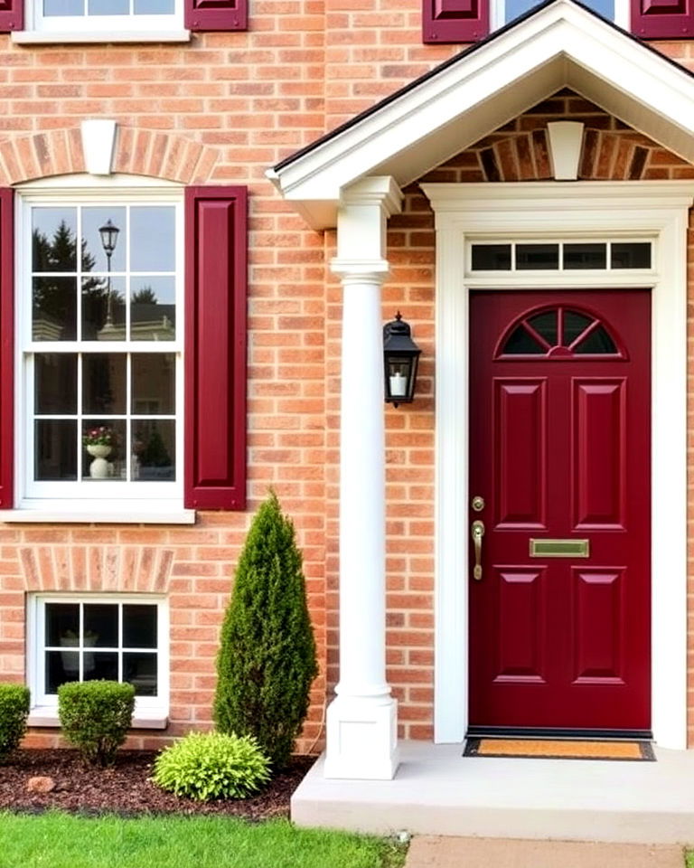 dramatic bold burgundy accents - 25 Tan Brick House Color Schemes