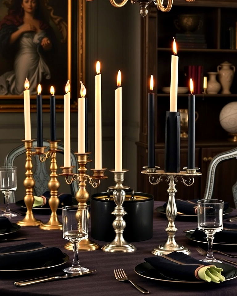 dramatic candlesticks and candelabras - 20 Dark Academia Dining Room Ideas