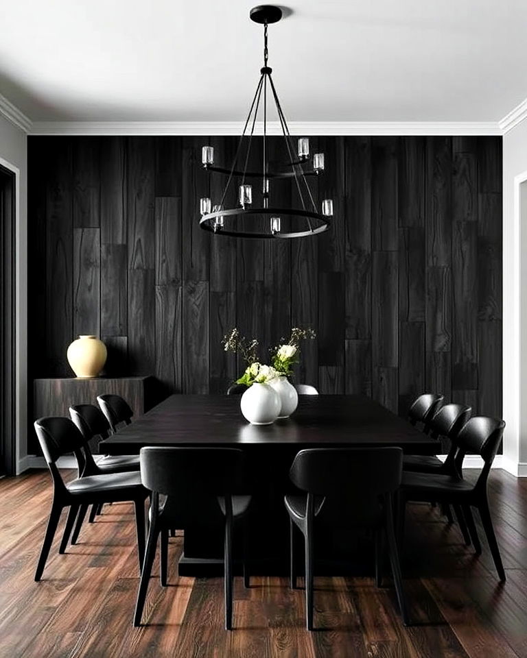 dramatic charred wood paneling - 25 Dining Room Wall Paneling Ideas