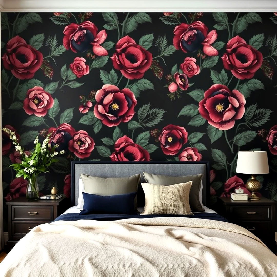 dramatic dark floral wallpaper - 25 Dark Bedroom Ideas