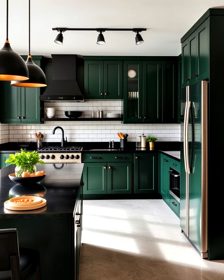 dramatic dark green and black combination - 40 Dark Green Kitchen Ideas