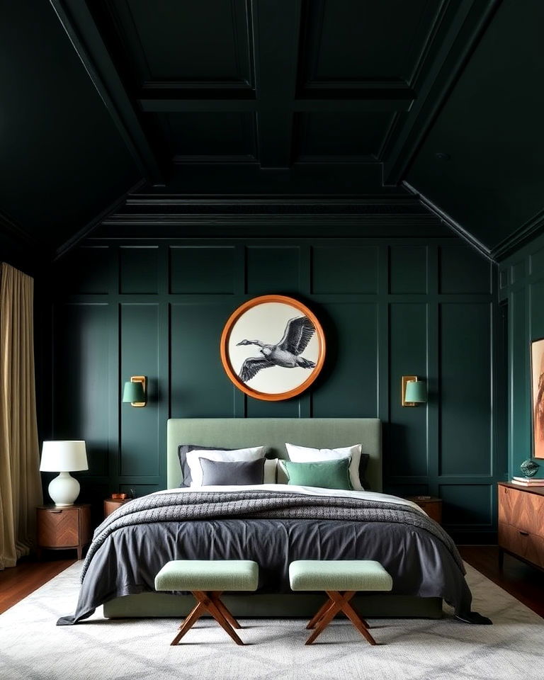 dramatic dark green ceiling panels - 20 Green Panelling Bedroom Ideas