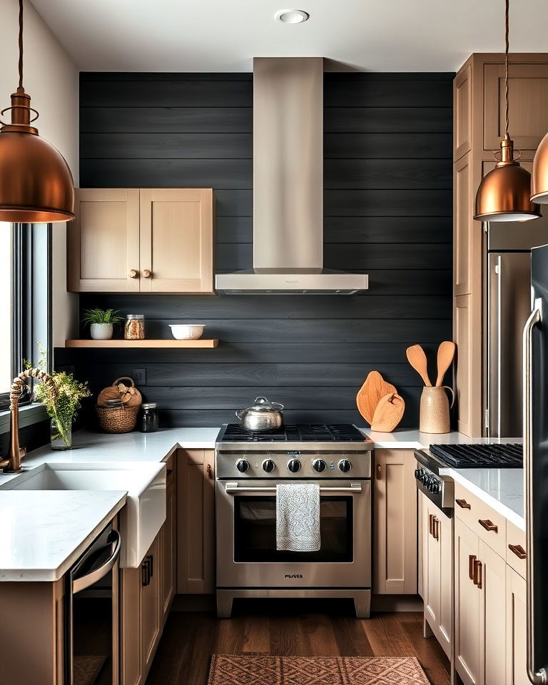 dramatic dark shiplap backsplash - 30 Shiplap Backsplash Ideas for Your Kitchen