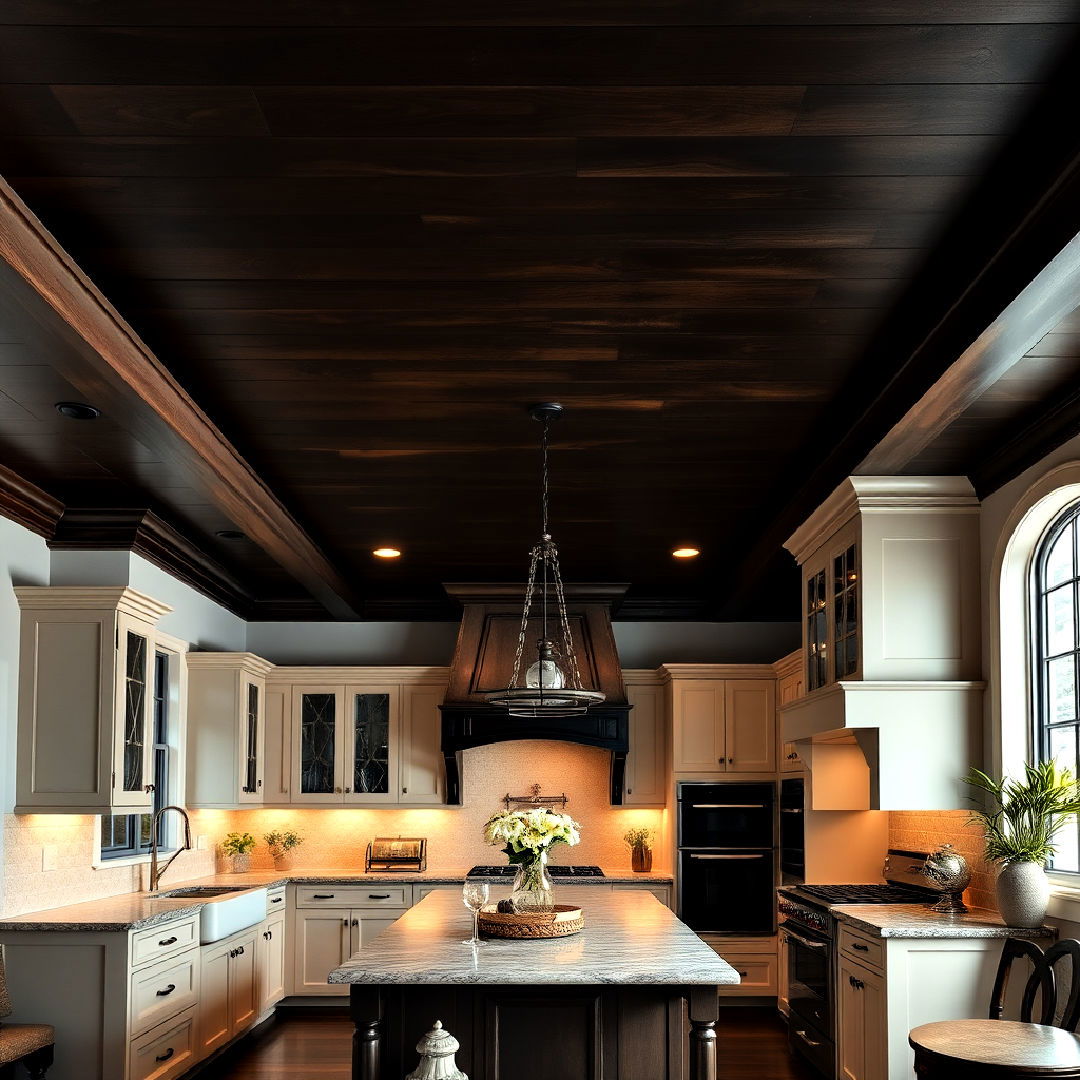 dramatic dark stained wood ceiling - 15 Wood Ceiling Kitchen Ideas