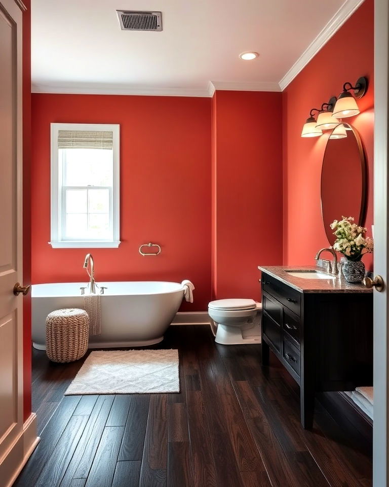 dramatic dark stained wood floor - 25 Ideas for Wood Floors in Bathrooms