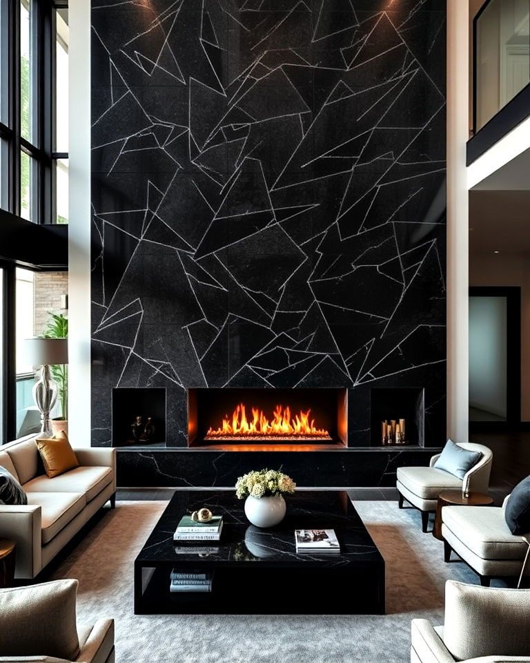 dramatic dark stone floor to ceiling fireplace - 20 Floor-to-Ceiling Stone Fireplace Ideas
