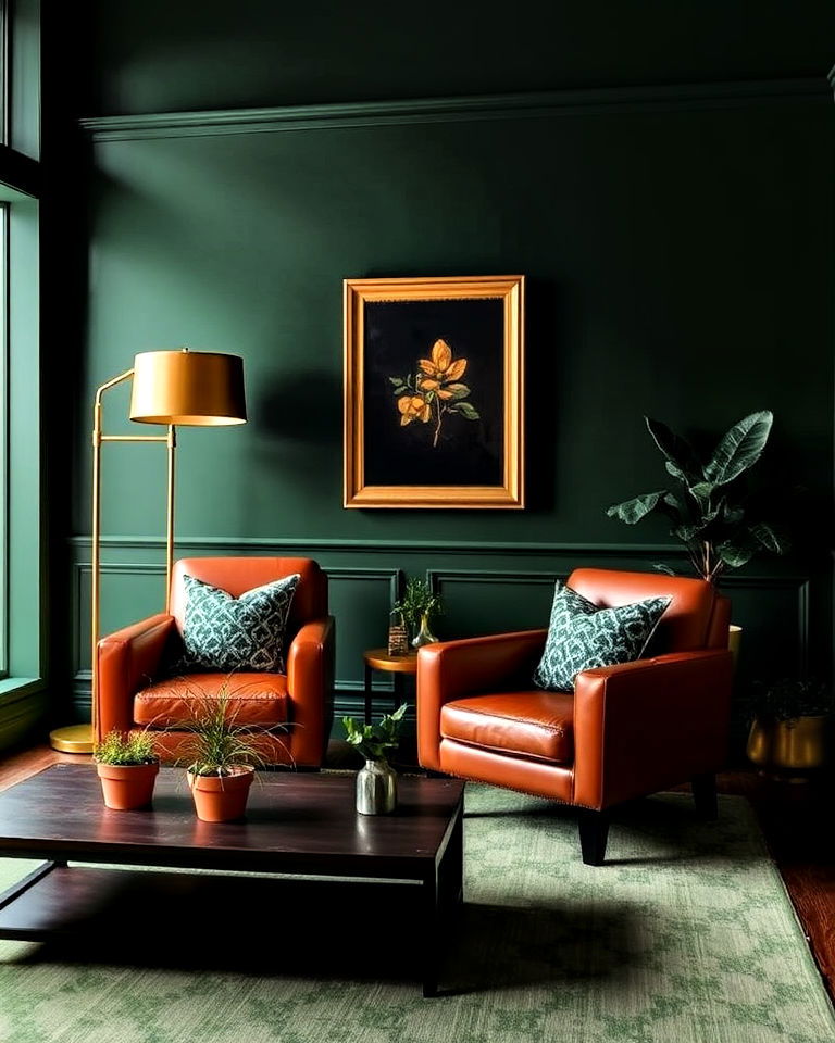 dramatic deep green walls with terracotta leather chairs - 20 Green and Terracotta Living Room Ideas