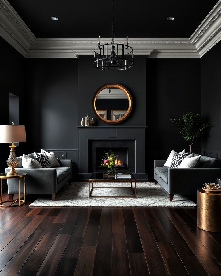 dramatic effect charcoal grey walls and dark wood floors - 20 Grey Living Room With Dark Wood Floors