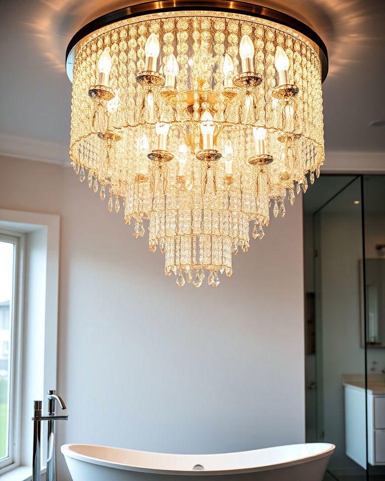 dramatic effect with cascading crystal chandelier - 20 Bathroom Chandelier Ideas