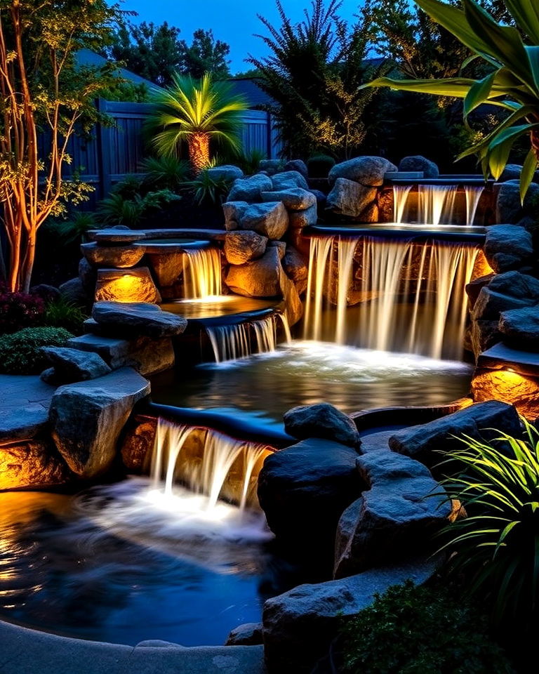 dramatic effect with illuminated waterfall - 40 Luxury Landscaping Ideas