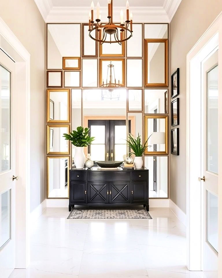 dramatic entryway with mirrored accent wall - 30 Mirror Gallery Wall Ideas
