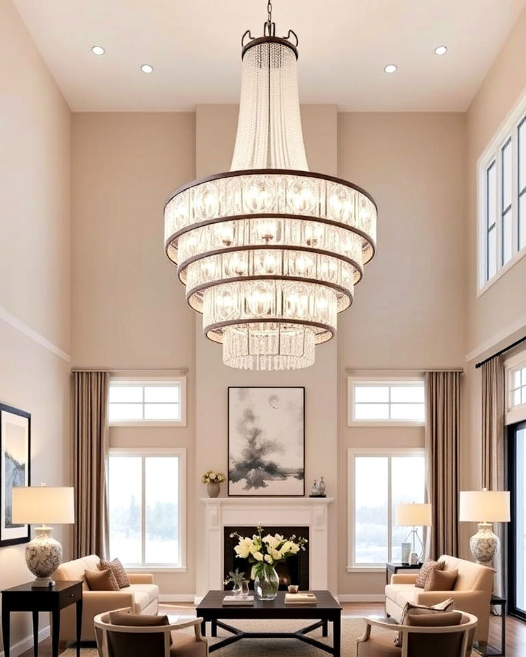 dramatic flair with tiered chandelier - 30 Living Room Chandelier Ideas