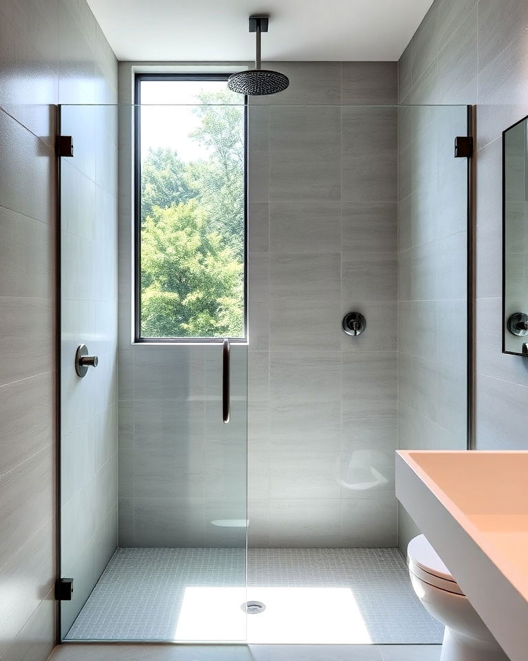 dramatic floor level glass panels - 30 Shower Window Ideas