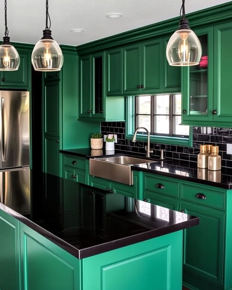 dramatic forest green cabinet - 20 Green Kitchen Cabinets With Black Countertops