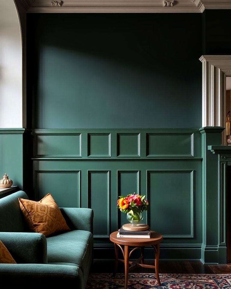 dramatic forest green half height panels - 20 Green Panelling Bedroom Ideas
