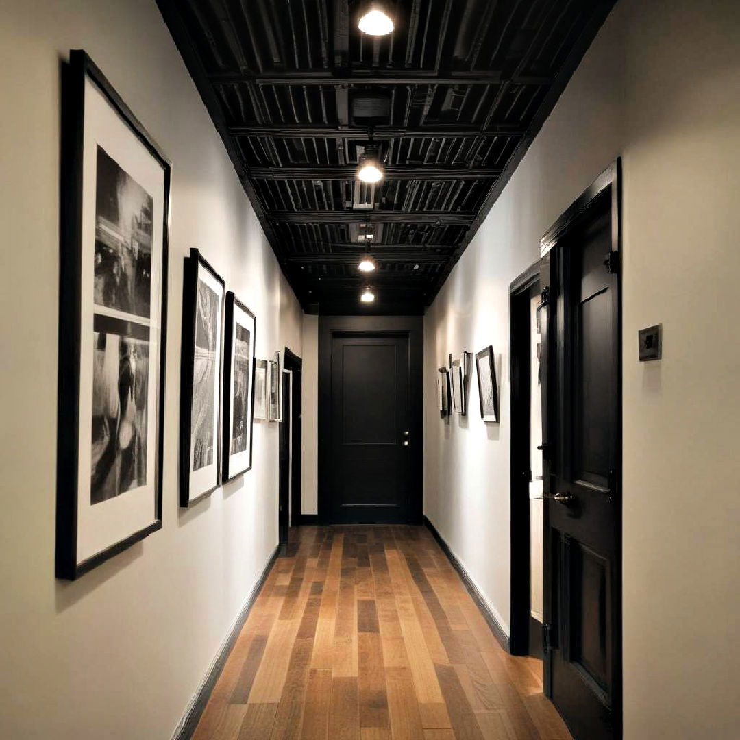 dramatic hallway with black ceiling - 25 Black Ceiling Design Ideas