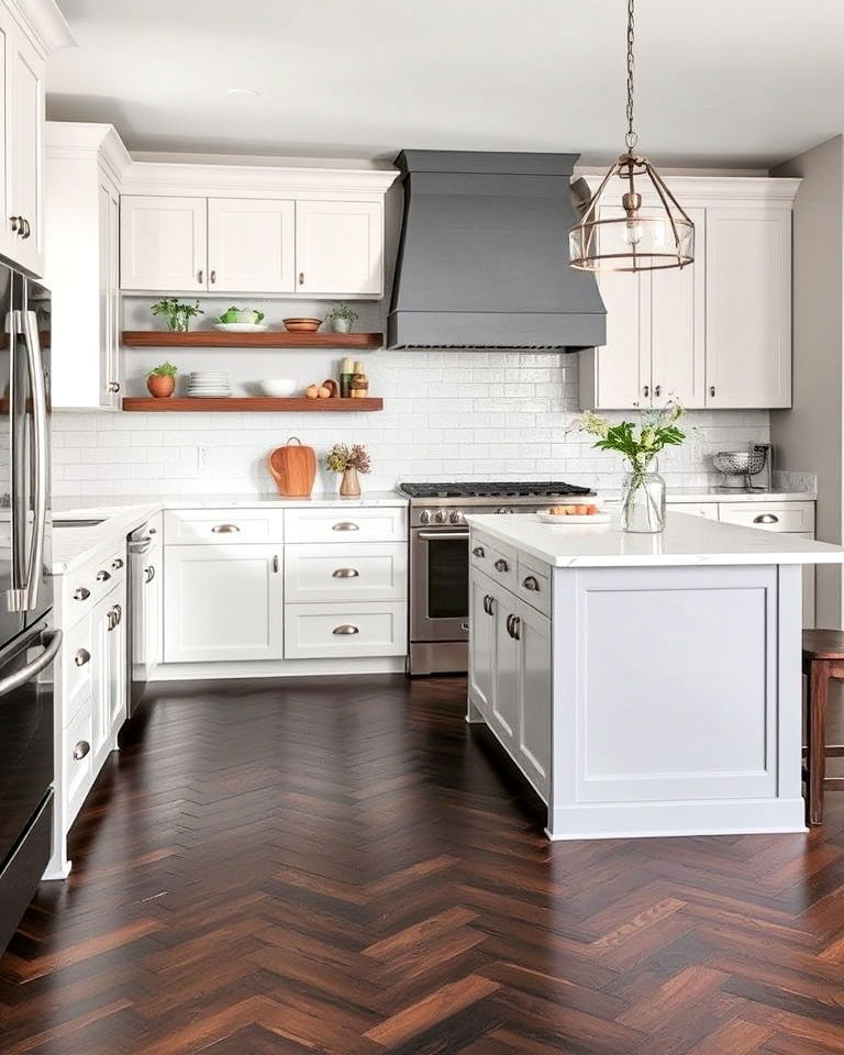 dramatic high contrast floor - 15 White Kitchen Cabinets With Grey Island Ideas