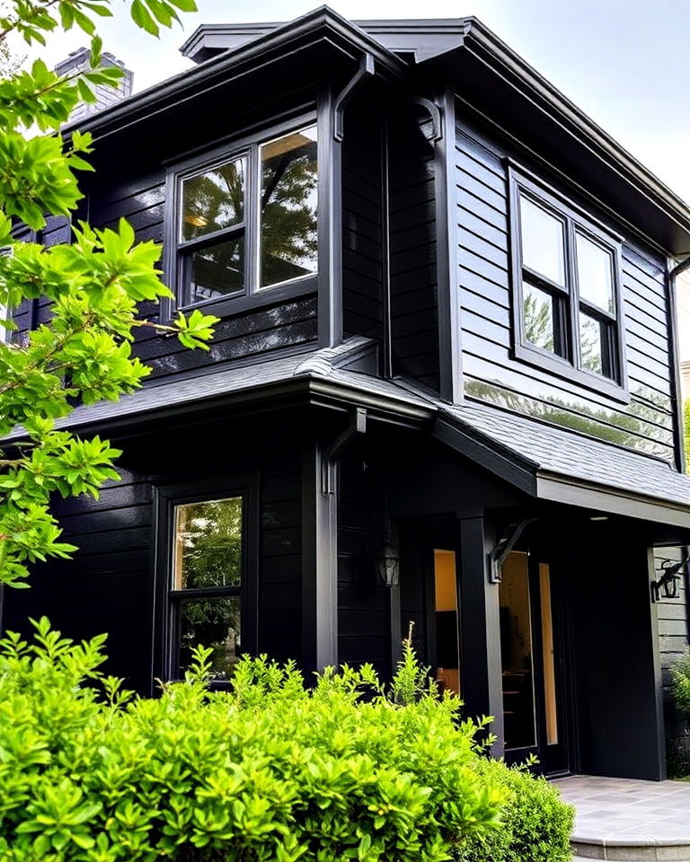 dramatic high gloss black siding - 30 Black Siding House Ideas