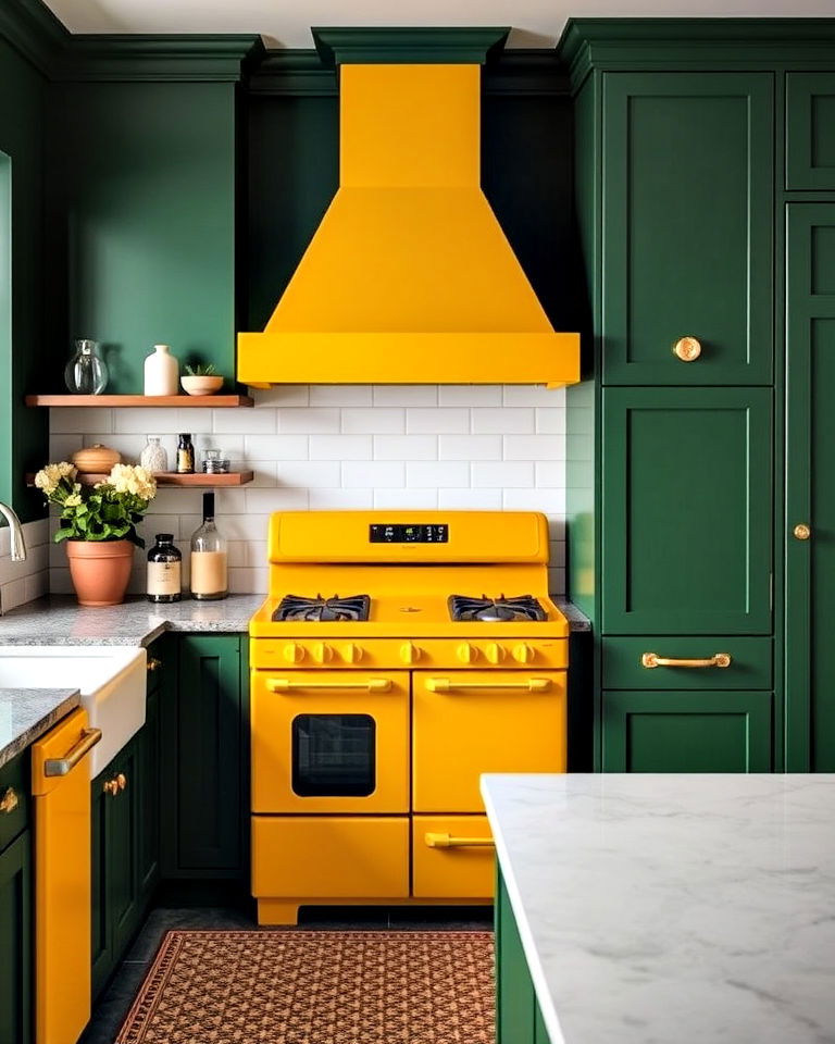 dramatic hunter green walls with yellow appliances - 20 Green and Yellow Kitchen Ideas